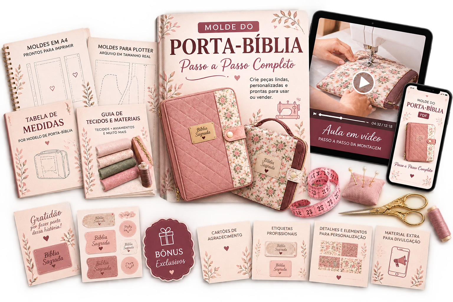 Kit Profissional completo: moldes, guias, videoaula e bônus exclusivos do Porta-Bíblia