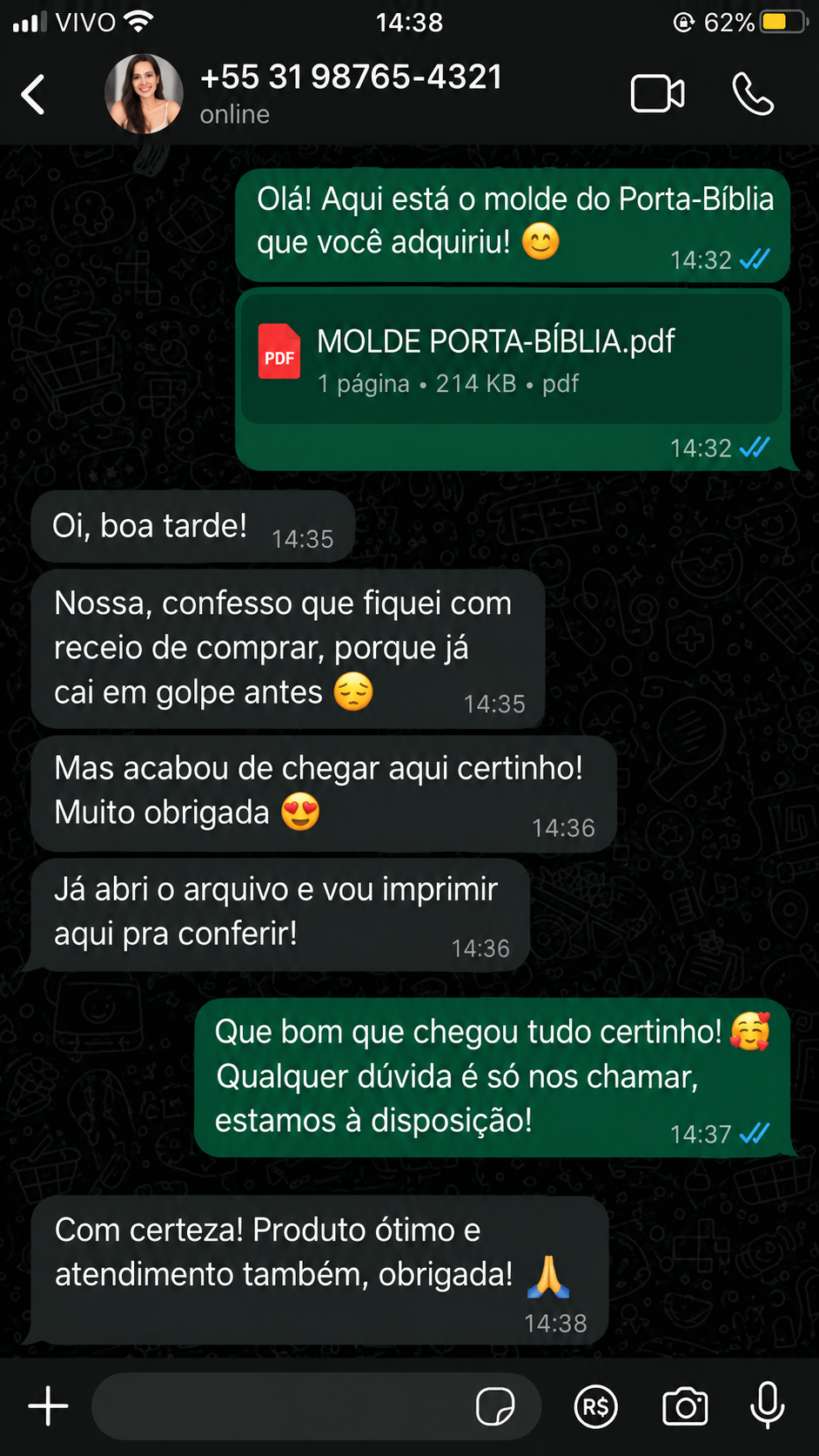 Conversa de WhatsApp com cliente comprovando o recebimento do molde