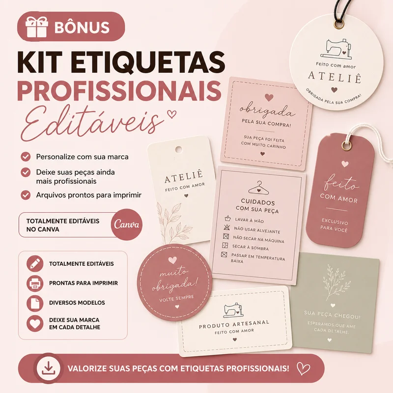 Etiquetas profissionais editáveis para peças de costura