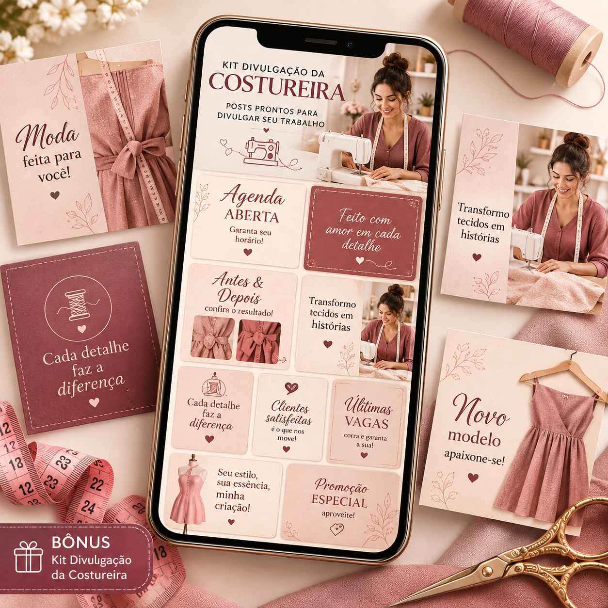 Artes editáveis do Kit Divulgação da Costureira exibidas em um celular
